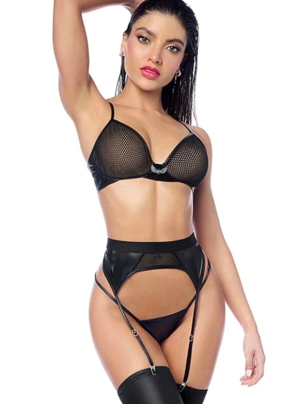 Mapalé 3 Piece Mesh Lingerie Set Bra Panty Garter Belt Black S/M 2806
